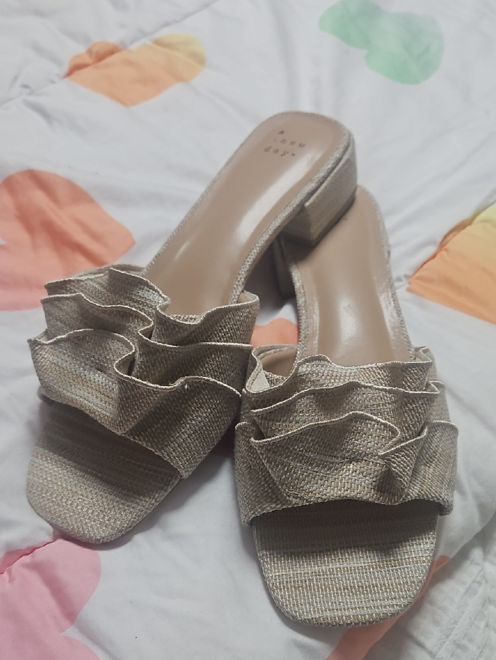 a new day Textured Beige Ruffle Open-Toe Mules Size 10
